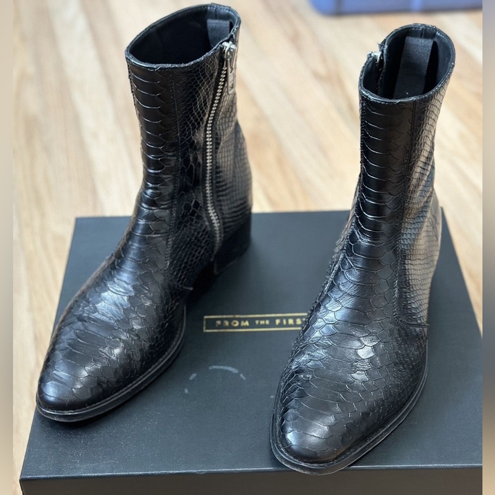 From the First Luca Side zip calfskin boot in stamped python. 42 US 9